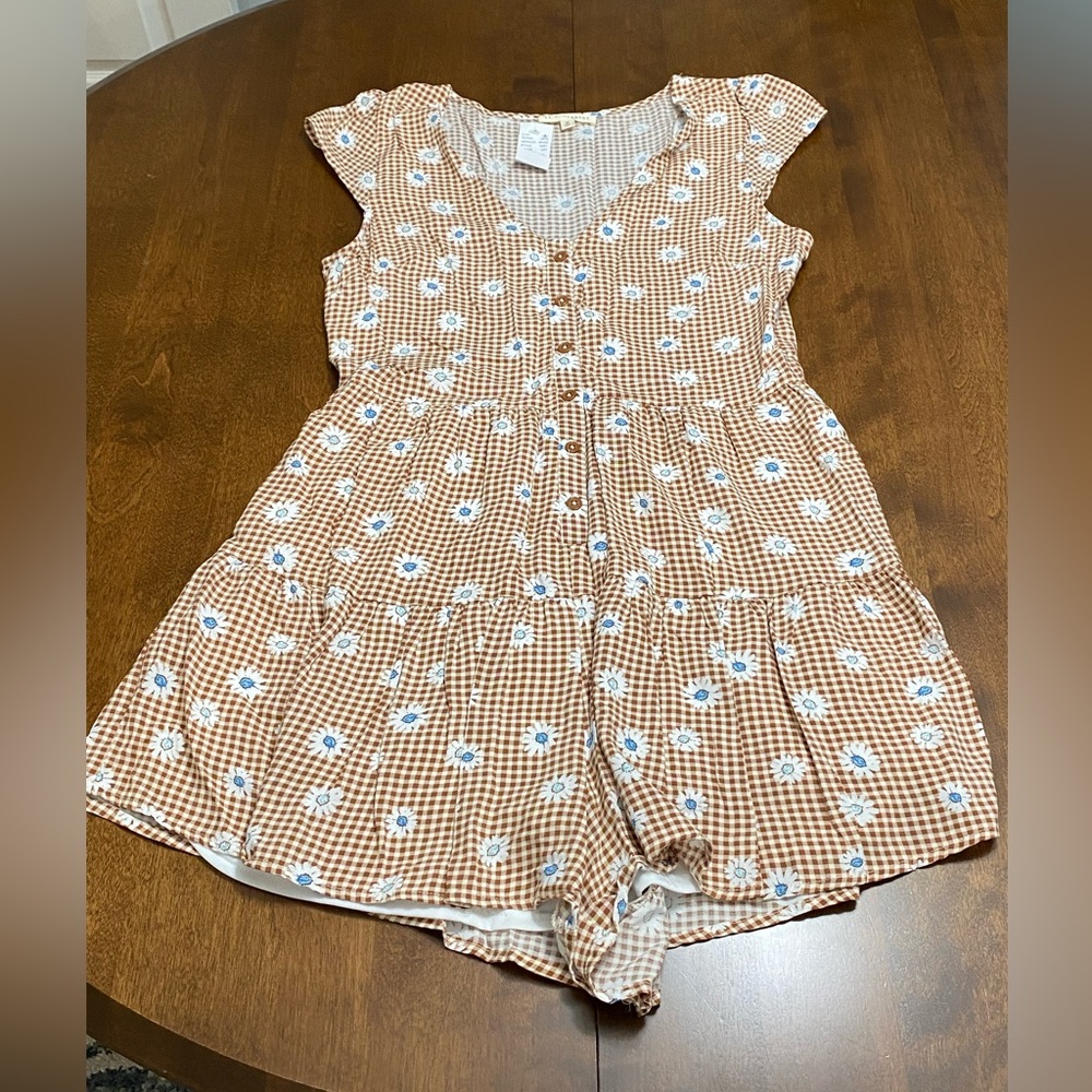 LA Hearts Brown Plaid and Floral Romper, Size M.